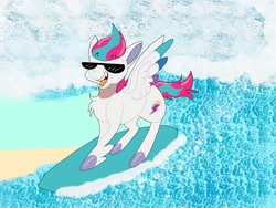 Size: 2048x1536 | Tagged: safe, artist:rinnapaws, imported from derpibooru, zipp storm, pegasus, pony, beach, female, g5, mare, maretime bay, ocean, solo, sunglasses, surfboard, surfing, unitober 2024, water, wave