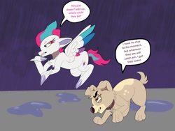 Size: 2048x1536 | Tagged: safe, artist:rinnapaws, imported from derpibooru, zipp storm, dog, pegasus, pony, crossover, detective zipp, dialogue, duo, female, g5, mare, pound puppies, puddle, rain, unitober 2024