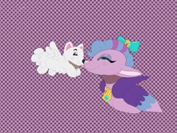 Size: 2048x1536 | Tagged: safe, artist:rinnapaws, imported from derpibooru, queen haven, dog, pegasus, pomeranian, pony, abstract background, boop, cloudpuff, duo, duo male and female, eyes closed, female, flying pomeranian, g5, male, mare, noseboop, unitober 2024, winged dog