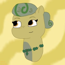 Size: 1280x1280 | Tagged: safe, artist:dawnie, imported from derpibooru, earth pony, pony, abstract background, background pony, female, g5, jewelry, mare, mayflower, necklace, solo, unitober 2024