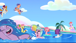 Size: 1920x1080 | Tagged: safe, imported from derpibooru, screencap, izzy moonbow, earth pony, pegasus, pony, unicorn, spoiler:g5, spoiler:my little pony: tell your tale, spoiler:tyts02e23, beach ball, berries (g5), cherry prancer, eyes closed, female, g5, horn, little rock, male, mare, my little pony: tell your tale, open mouth, open smile, palm tree, posey bloom, rocky riff, rufus, smiling, stallion, swimming, swimming pool, the water park, tree, wet, wet mane, windy