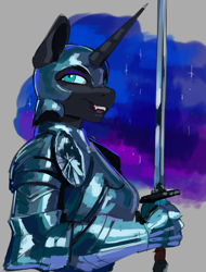 Size: 1772x2331 | Tagged: safe, artist:kelkessel, imported from derpibooru, nightmare moon, anthro, armor, female, helmet, horn, smiling, solo, sword, weapon