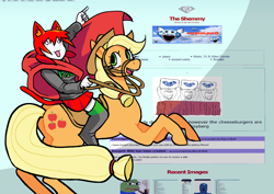 Size: 4960x3508 | Tagged: safe, anonymous artist, imported from derpibooru, applejack, cat, earth pony, human, pony, boots, bridle, cape, catgirl, clothes, crossover, duo, female, females only, fine art parody, gem, hat, mare, meme, on hind legs, pepe the frog, riding, riding a pony, shoes, skirt, smiling, soyjak, sweater, tack, tama, wojak