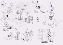 Size: 2265x1631 | Tagged: safe, artist:maretian, princess celestia, princess luna, alicorn, pony, clock, clothes, crown, dress, ear piercing, earring, female, grandfather clock, hoof shoes, jewelry, mare, piercing, regalia, sketch, sleeping, smiling, yawn