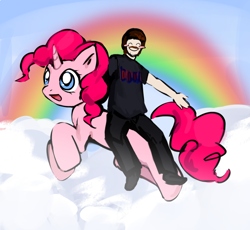 Size: 1208x1109 | Tagged: safe, anonymous artist, imported from derpibooru, pinkie pie, human, pony, unicorn, barneyfag, blank flank, blushing, cloud, duo, facial hair, female, flying, happy, horn, male, mare, moustache, race swap, rainbow, riding, riding a pony, smiling, unicorn pinkie pie, wat