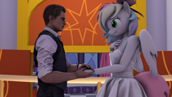 Size: 1280x720 | Tagged: safe, artist:venomwolf, imported from derpibooru, screencap, oc, oc:blazey sketch, anthro, human, pegasus, pony, castle, clothes, dress, happy, holding hands, leon s. kennedy, looking at each other, looking at someone, smiling, smiling at each other, suit, wholesome