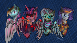 Size: 6302x3508 | Tagged: safe, artist:kirieshka, imported from derpibooru, fluttershy, rainbow dash, rarity, twilight sparkle, alicorn, pegasus, pony, unicorn, amputee, artificial wings, augmented, clothes, cyberpunk, cyberpunk 2077, eye implant, female, goggles, headphones, headset, horn, implants, mechanical wing, multicolored mane, neon, prosthesis, prosthetic limb, prosthetics, safety goggles, visor, wings