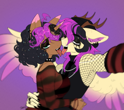 Size: 3313x2933 | Tagged: safe, artist:tomi_ouo, imported from derpibooru, oc, oc only, oc:donut daydream, oc:purple wingshade, anthro, deer, hybrid, original species, pegasus, unicorn, antlers, beanie, black mane, breasts, brown eyes, chains, choker, clothes, colored wings, donut, ear piercing, eyeliner, eyeshadow, female, fishnet clothing, food, freckles, goth, green eyes, hat, horn, jewelry, makeup, male, multicolored hair, multicolored wings, nail polish, necktie, oc x oc, open mouth, piercing, purple mane, ring, shipping, sideboob, sleeveless, sprinkles, straight, tanktop, tongue out, tongue piercing, tongue play, waist grab, wings