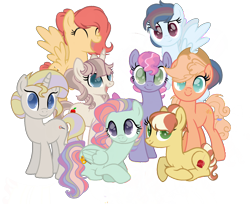 Size: 1764x1441 | Tagged: safe, artist:rachels-art1, imported from derpibooru, oc, oc only, oc:candy apple, oc:cotton candy, oc:crystal apple, oc:dove, oc:honey, oc:pastel, oc:peaches, oc:prism, earth pony, pegasus, pony, unicorn, base used, colored pupils, cowboy hat, eyes closed, female, flying, folded wings, group, hat, horn, looking at you, lying down, magical lesbian spawn, mare, next generation, offspring, open mouth, open smile, parent:applejack, parent:big macintosh, parent:flim, parent:fluttershy, parent:pinkie pie, parent:pokey pierce, parent:rainbow dash, parent:rarity, parent:soarin', parent:trenderhoof, parents:applepie, parents:flimjack, parents:flutterdash, parents:fluttermac, parents:pokeypie, parents:rarijack, parents:soarindash, parents:trenderity, prone, simple background, smiling, smiling at you, spread wings, stetson, transparent background, wings