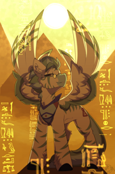 Size: 1954x2964 | Tagged: safe, artist:beardie, imported from derpibooru, oc, pegasus, glasses, hieroglyphs, male, pyramid, solo