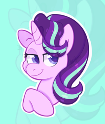 Size: 1468x1720 | Tagged: safe, artist:sinnocturnal, imported from derpibooru, starlight glimmer, pony, unicorn, bust, eye clipping through hair, female, green background, horn, looking at you, mare, portrait, simple background, smiling, solo, zoom layer