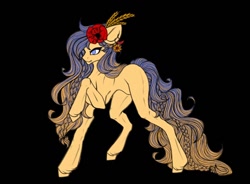 Size: 1080x794 | Tagged: safe, alternate version, artist:reminati_27, imported from derpibooru, oc, oc only, earth pony, pony, black background, braid, braided tail, ear piercing, earring, female, flower, flower in hair, jewelry, mare, piercing, simple background, solo, tail