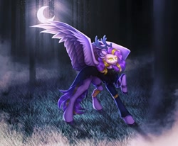 Size: 1080x890 | Tagged: safe, artist:reminati_27, imported from derpibooru, oc, oc only, pony, antlers, clothes, crescent moon, eye scar, facial scar, fog, forest, moon, nature, scar, solo, spread wings, tree, wings