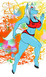 Size: 1024x1695 | Tagged: safe, artist:rubykila, imported from derpibooru, oc, anthro, earth pony, 2019, abstract background, clothes, earth pony oc, female, running, shorts, simple background, solo, sports bra, transparent background, unshorn fetlocks