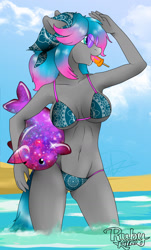 Size: 1024x1699 | Tagged: safe, artist:rubykila, imported from derpibooru, oc, anthro, earth pony, 2019, beach, bikini, clothes, earth pony oc, ethereal mane, female, looking at something, outdoors, plushie, signature, solo, starry mane, swimsuit