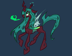 Size: 1280x1005 | Tagged: safe, artist:zeross0x, imported from derpibooru, queen chrysalis, changeling, changeling queen, 2015, blue background, female, fire, horn, lidded eyes, raised hoof, simple background, solo, wings