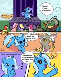 Size: 800x1000 | Tagged: safe, artist:nicolai, imported from derpibooru, discord, pinkie pie, trixie, pony, unicorn, butt, cape, clothes, comic, crowd, dialogue, female, hat, horn, mare, performance, plot, spanish, spanish text, trixie's cape, trixie's hat