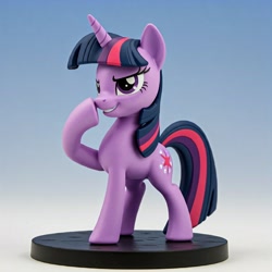 Size: 2048x2048 | Tagged: safe, imported from derpibooru, twilight sparkle, unicorn, ai content, ai generated, anonymous prompter, boop, figurine, gradient background, open mouth, raised hoof, realistic, self-boop, smug, solo, unicorn twilight