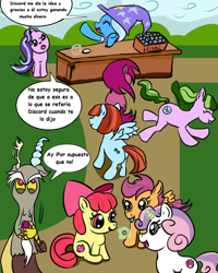 Size: 800x1000 | Tagged: safe, artist:nicolai, imported from derpibooru, apple bloom, discord, scootaloo, starlight glimmer, sweetie belle, trixie, earth pony, pegasus, pony, unicorn, bits, butt, clothes, comic, cutie mark crusaders, dialogue, female, filly, foal, hat, horn, magic, mare, money, plot, random pony, road, spanish, spanish text, telekinesis, trixie's hat