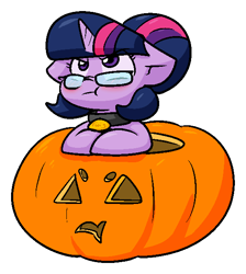 Size: 556x621 | Tagged: safe, artist:zutcha, imported from derpibooru, twilight sparkle, pony, unicorn, :t, angry, bell, bell collar, collar, cute, female, frown, grumpy, hair bun, halloween, holiday, horn, jack-o-lantern, looking up, madorable, mare, outline, pumpkin, simple background, solo, transparent background, twiabetes, unicorn twilight, white outline