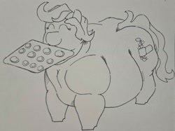 Size: 2188x1638 | Tagged: safe, artist:undertheneighdar, imported from derpibooru, oc, oc only, oc:peppercorn gourmaise, earth pony, pony, butter, cookie, earth pony oc, fat, food, obese, solo, traditional art