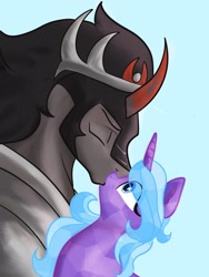 Size: 1620x2160 | Tagged: safe, artist:amanecerlobo, idw, imported from derpibooru, king sombra, radiant hope, crystal pony, pony, unicorn, duo, female, hopebra, horn, kissing, love, male, romance, shipping, straight