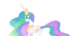 Size: 716x348 | Tagged: safe, edit, edited screencap, imported from derpibooru, screencap, princess celestia, alicorn, pony, background removed, butt, concave belly, ethereal mane, ethereal tail, female, mare, plot, simple background, slender, solo, tail, tall, thin, white background