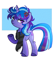 Size: 2314x2580 | Tagged: safe, artist:legendaryshadee, imported from derpibooru, oc, oc:moonshadow, pony, angry, base used, clothes, cross-popping veins, emanata, purple eyes, scarf, simple background, solo, striped mane, striped scarf, striped tail, tail, transparent background