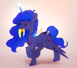 Size: 1547x1369 | Tagged: safe, artist:itssim, imported from derpibooru, princess luna, alicorn, pony, banana, dock, ear fluff, female, food, glowing, glowing horn, horn, levitation, magic, magic aura, mare, mouth hold, raised hoof, raised leg, solo, spread wings, standing on two hooves, tail, telekinesis, wings