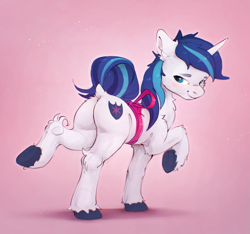 Size: 2451x2294 | Tagged: safe, artist:itssim, imported from derpibooru, shining armor, pony, unicorn, blush lines, blushing, butt, chest fluff, dock, ear fluff, fluffy, high res, horn, leg fluff, male, plot, raised hoof, raised leg, smiling, solo, stallion, standing on two hooves, tail, unshorn fetlocks