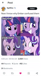 Size: 1080x1992 | Tagged: safe, imported from derpibooru, spitfire, starlight glimmer, twilight sparkle, alicorn, unicorn, big smile, comparison, happy, horn, meta, smiling, twilight sparkle (alicorn), twitter