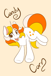 Size: 1365x2048 | Tagged: safe, artist:mscolorsplash, imported from derpibooru, oc, oc only, oc:candy corn, pony, unicorn, eyebrows, eyebrows visible through hair, female, horn, mare, name, no pupils, open mouth, open smile, simple background, smiling, solo, yellow background