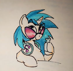 Size: 4322x4212 | Tagged: safe, imported from derpibooru, dj pon-3, vinyl scratch, pony, unicorn, drink, drinking, glasses, half body, headphones, horn, milk, traditional art