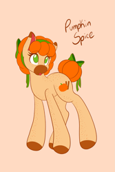 Size: 1365x2048 | Tagged: safe, artist:mscolorsplash, imported from derpibooru, oc, oc only, oc:pumpkin spice, earth pony, pony, body freckles, bow, colored hooves, colored muzzle, female, freckles, hooves, mare, name, no pupils, orange background, simple background, solo, tail, tail bow, tail bun