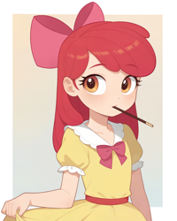 Size: 2048x2560 | Tagged: prompter needed, source needed, safe, imported from derpibooru, apple bloom, human, ai assisted, ai content, ai generated, blushing, bow, bowtie, chocolate, clothes, collarbone, dress, dress lift, food, gradient background, hair bow, humanized, looking at you, mouth hold, necktie, passepartout, pocky, short sleeves, solo, upper body