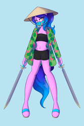 Size: 1365x2048 | Tagged: safe, artist:mscolorsplash, imported from derpibooru, oc, oc only, anthro, earth pony, plantigrade anthro, pony, belly, belly button, commission, face mask, female, hat, light blue background, mare, mask, midriff, not izzy moonbow, sandals, simple background, solo, sword, weapon