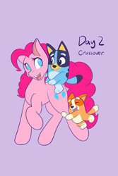 Size: 1365x2048 | Tagged: safe, artist:mscolorsplash, imported from derpibooru, pinkie pie, earth pony, pony, bingo heeler, bluey, bluey heeler, crossover, female, hug, leg hug, mare, no pupils, open mouth, open smile, smiling, standing on two hooves