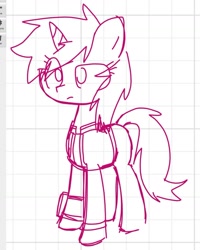 Size: 1032x1287 | Tagged: safe, artist:kruvvv, imported from derpibooru, oc, oc only, oc:littlepip, pony, unicorn, fallout equestria, clothes, eye clipping through hair, female, horn, mare, pipbuck, sketch, solo, standing, unicorn oc