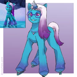 Size: 2894x2894 | Tagged: safe, artist:snowflake_pone, imported from derpibooru, screencap, pony, auroricorn, comet (g5), g5, glasses, ice skates, jewelry, male, necklace, passepartout, screenshot redraw, skates, smiling, solo, stallion