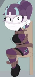 Size: 1280x2840 | Tagged: safe, edit, imported from derpibooru, starlight glimmer, human, equestria girls, angry, bondage, bound and gagged, cloth gag, gag, humanized, monochrome, rope, rope bondage, starlight glimmer in places she shouldn't be, starlight glimmer is not amused, tied to chair, unamused