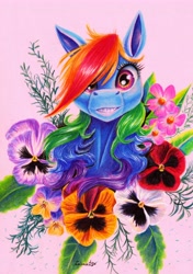 Size: 4056x5756 | Tagged: safe, artist:cahandariella, imported from derpibooru, rainbow dash, pegasus, bust, colored pencil drawing, flower, foal, front view, looking at you, portrait, smiling, smiling at you, solo, traditional art, younger