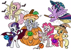 Size: 2048x1448 | Tagged: safe, imported from derpibooru, applejack, derpy hooves, fluttershy, pinkie pie, rarity, twilight sparkle, bat, bat pony, undead, vampire, bat ponified, bipedal, broom, candy, clothes, costume, flutterbat costume, flying, flying broomstick, food, halloween, halloween 2024, halloween costume, hat, holiday, jack-o-lantern, mummy, princess, pumpkin, pumpkin bucket, race swap, scarecrow, tongue out, witch, witch hat