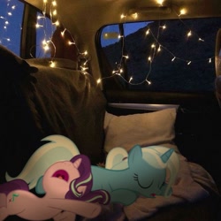 Size: 736x736 | Tagged: safe, edit, imported from derpibooru, starlight glimmer, trixie, unicorn, cute, horn, irl, lights, photo, sleeping, tent