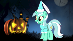 Size: 1280x720 | Tagged: safe, artist:darlycatmake, imported from derpibooru, lyra heartstrings, pony, unicorn, alternate design, amused, beautiful, big smile, clothes, costume, cute, dress, dressup, female, halloween, halloween costume, happy, hat, haunted house, hennin, holiday, horn, lyra is amused, lyrabetes, majestic, mare, moon, night, pretty, princess, princess lyra heartstrings, pumpkin, smiling, solo, tree