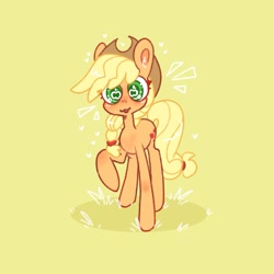 Size: 1411x1411 | Tagged: safe, artist:po666um, artist:possumpuppy, imported from derpibooru, applejack, earth pony, pony, apple eyes, emanata, raised hoof, simple background, solo, wingding eyes, yellow background