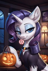 Size: 832x1216 | Tagged: safe, imported from derpibooru, rarity, unicorn, ai content, ai generated, candy, choker, clothes, food, generator:pony diffusion v6 xl, generator:stable diffusion, halloween, holiday, horn, indoors, jack-o-lantern, lamp, prompter:thelight3d, pumpkin, window