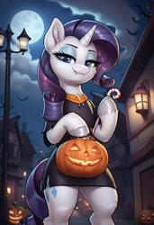 Size: 832x1216 | Tagged: safe, imported from derpibooru, rarity, unicorn, ai content, ai generated, bipedal, candy, clothes, fangs, food, generator:pony diffusion v6 xl, generator:stable diffusion, halloween, holiday, horn, jack-o-lantern, moon, outdoors, prompter:thelight3d, pumpkin, street lamp, window