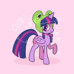 Size: 1084x1084 | Tagged: safe, artist:po666um, artist:possumpuppy, imported from derpibooru, twilight sparkle, alicorn, pony, cute, frog hat, pink background, raised hoof, simple background, solo, twiabetes, twilight sparkle (alicorn)