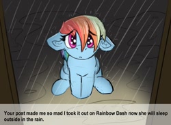 Size: 1104x807 | Tagged: safe, artist:reddthebat, imported from derpibooru, rainbow dash, pegasus, pony, cute, dashabetes, eyebrows, eyebrows visible through hair, female, floppy ears, frown, looking at you, mare, rain, sad, sadorable, solo, text, wet, wet mane