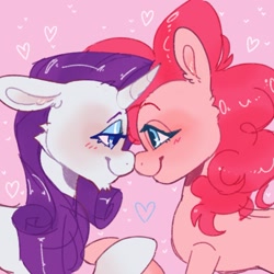 Size: 1301x1301 | Tagged: safe, artist:po666um, artist:possumpuppy, imported from derpibooru, pinkie pie, rarity, earth pony, pony, unicorn, boop, duo, female, heart, holding hooves, horn, lesbian, lidded eyes, noseboop, raripie, shipping